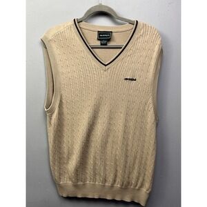 Bolle Sweater Vest Mens Large Tan Golf V-Neck Cable Knit Cotton Sleeveless Logo